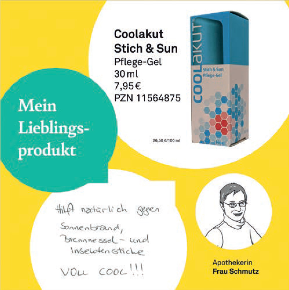 Empfehlung der Apothekerin: Coolakut Stich & Sun Pflege-Gel gegen Sonnenbrand, Insektenstiche – 30 ml für 7,95 €.