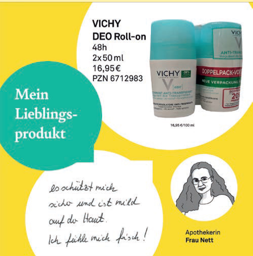 Vichy DEO Roll-on Werbung: Lieblingsprodukt einer Apothekerin mit 48h Schutz, 2x50ml für 16,85€.