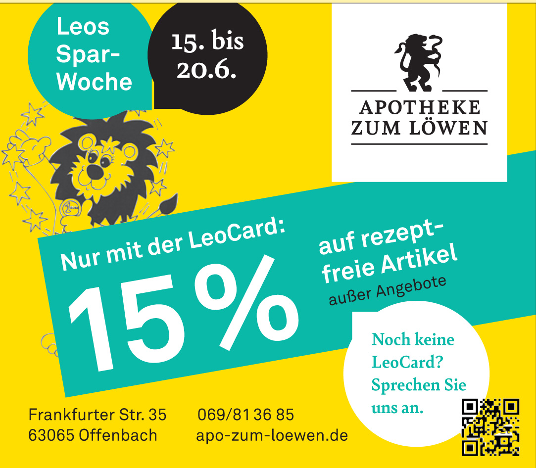 Leos Spar-Woche: 15 % Rabatt auf rezeptfreie Artikel mit LeoCard in Apotheke zum Löwen, 15.–20.6.