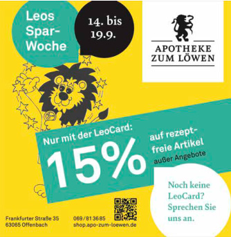 Leo-Spar-Woche: 15% Rabatt auf rezeptfreie Artikel mit LeoCard in Apotheke zum Löwen, 14.–19.9.