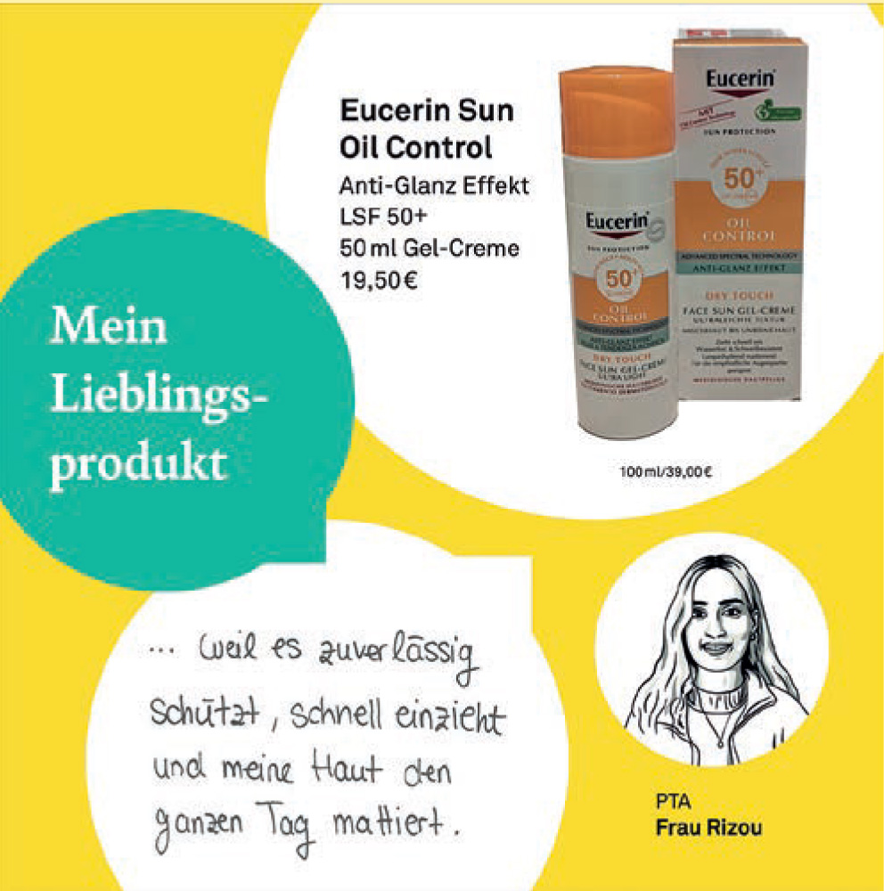 Bewertung des Eucerin Sun Oil Control mit Anti-Glanz-Effekt als Lieblingsprodukt von Frau Rizou.