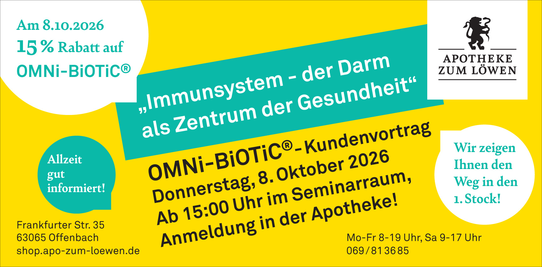 Plakat für OMNI-BiOTiC-Kundenvortrag „Immunsystem & Darm“ am 8. Oktober 2026, 15 Uhr in der Apotheke.