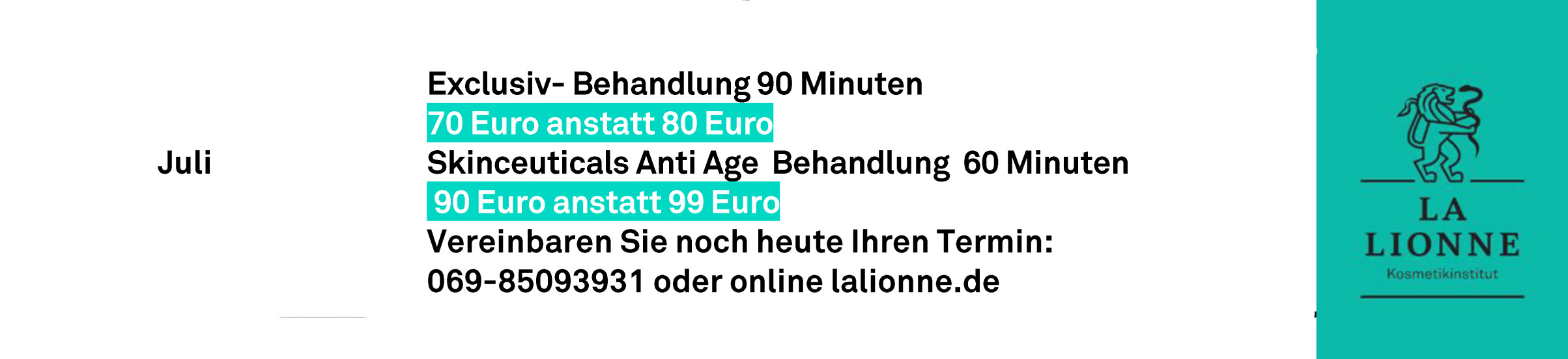 Exklusive Beauty-Behandlungen Juli: 90 Min. ab 70 Euro, 60 Min. ab 90 Euro – Termin buchen unter 069-85093931.