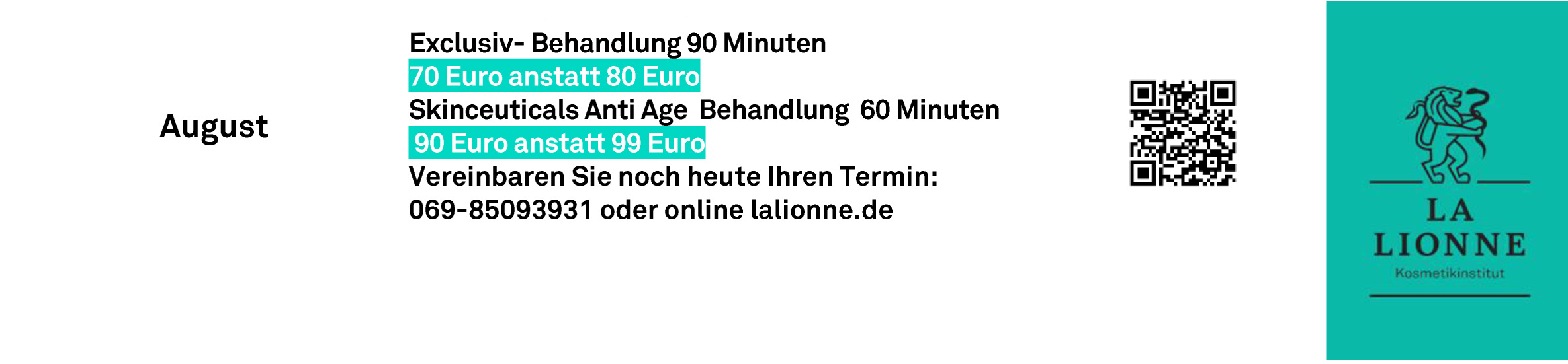 August-Angebot: Exklusive 90-Minuten-Behandlung und Skincuticals Anti-Aging-Behandlung, Terminbuchung unter 069-85093031 oder online.