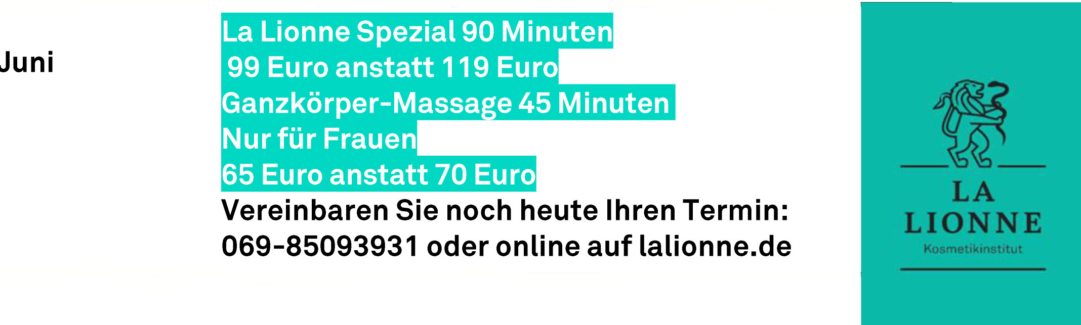 Anzeige für La Lionne-Spezialangebote: 99 Euro, 119 Euro, 48 Minuten und 70 Euro für Frauen.