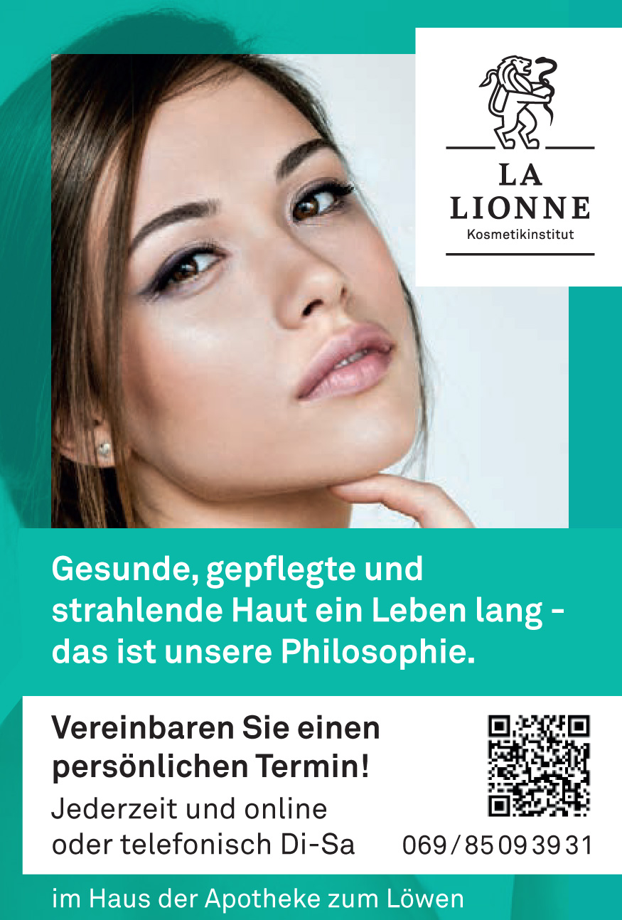 Werbung für La Lionne Kosmetikinstitut: Strahlende Haut durch professionelle Pflege – Terminbuchung online oder telefonisch.