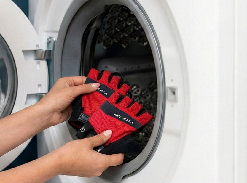 Person entnimmt rote Handschuhe aus der Waschmaschine.